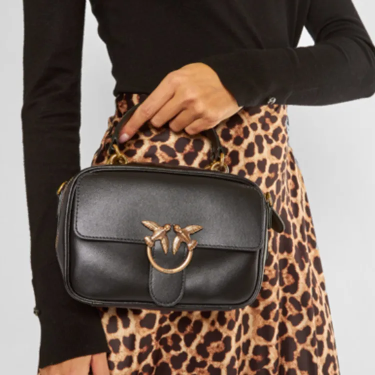 PINKO Cow Leather Swift Bag Camera Bag Shoulder Bag Crossbody Bag Handbag Mini Unisex Pure Black Black/Gold-4