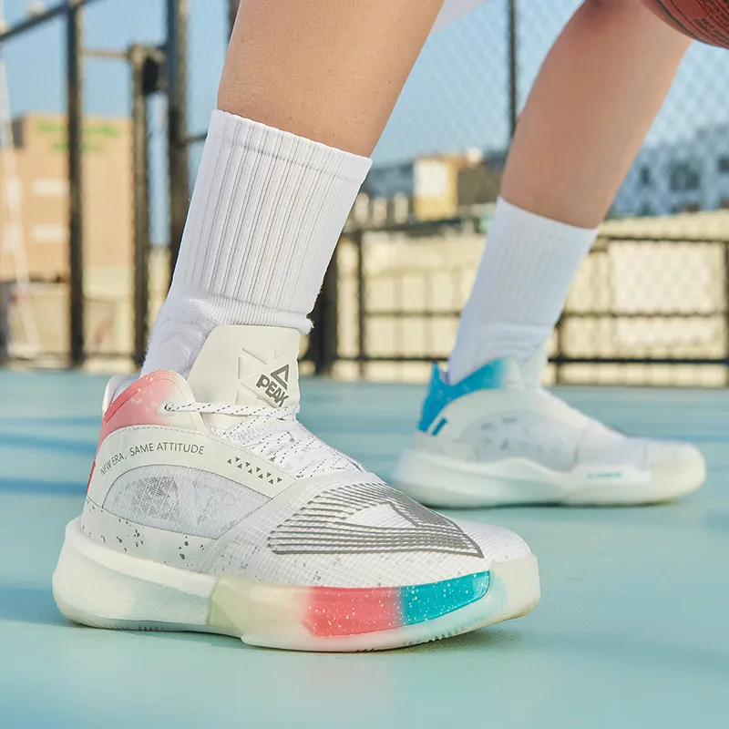 PEAK Taichi Ripple Triangle Anti Slip And Wear Resistant Breathable Mid Top Basketball Shoes Men's All White-7