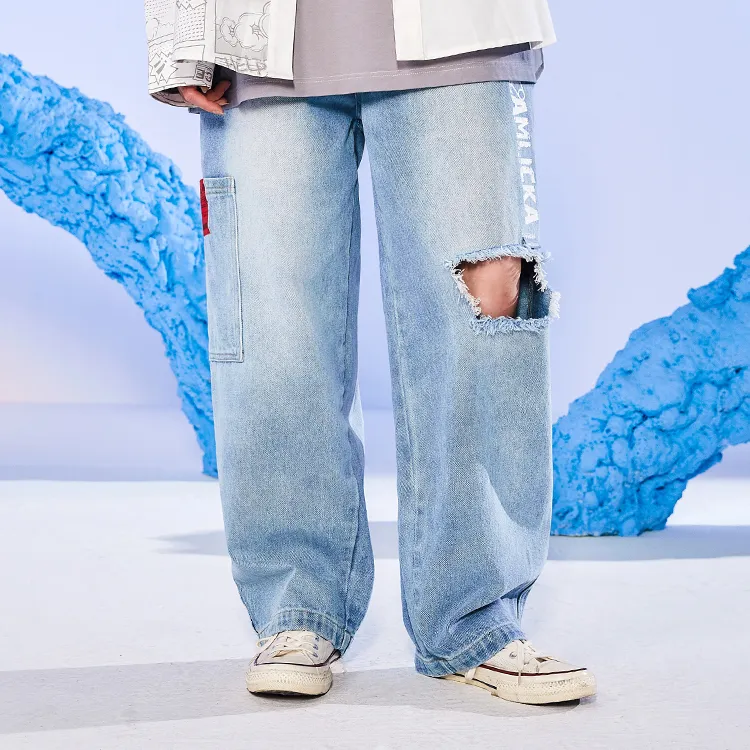 LAMLICKA Ripped Pants Jeans Unisex Blue-2