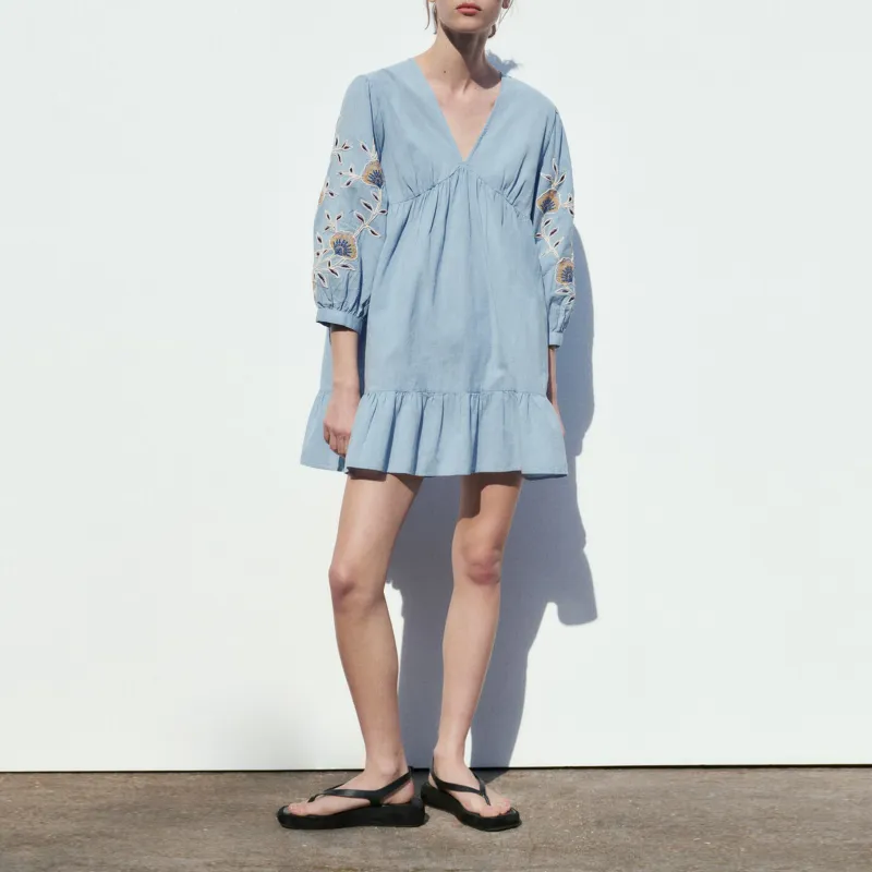 ZARA Long-Sleeved Dresses Women's Sky Blue-2