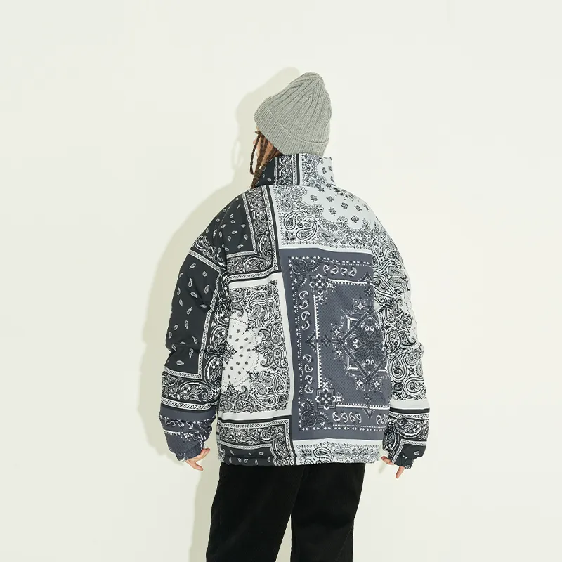 HARSH AND CRUEL Abstract Pattern Solid Color Stand Collar Loose Fit Thickened Puffer Jacket Unisex Black-7