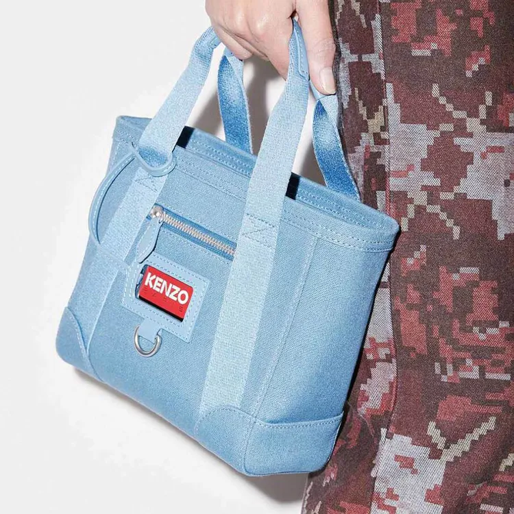 KENZO Canvas With Leather Tote Bag Shopping Bag Portable One Shoulder Canvas Bag Crossbody Bag Mini Unisex Blue-3