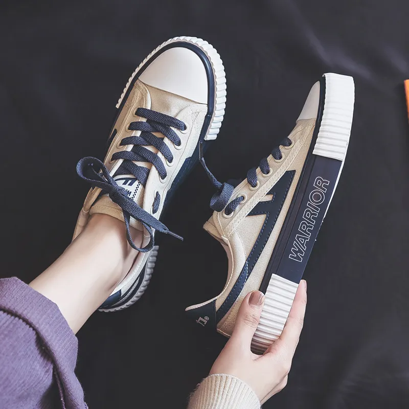 Warrior Wear-resistant Non-slip And Breathable Low-Top Canvas Shoes Unisex Beige Dark Blue-4