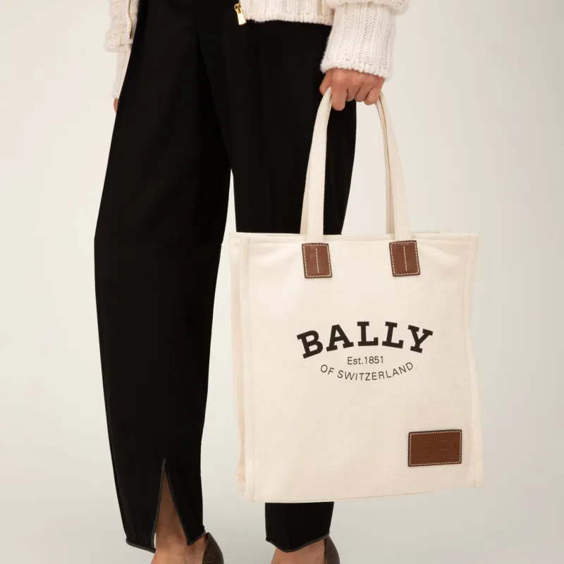 BALLY Crystalia Canvas With Calfskin Canvas Bag, Tote Bag, Shopping Bag, Handbag Medium Size Unisex White-8