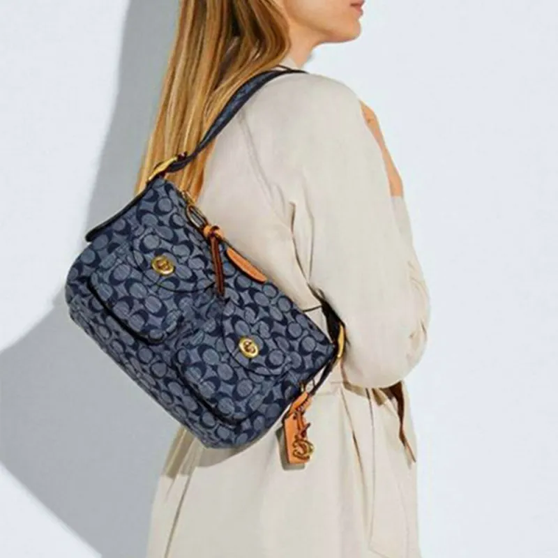 COACH Cargo Canvas With Leather Canvas Bag Handheld Handbag Shoulder Bag Women's Denim Blue Monogram-4