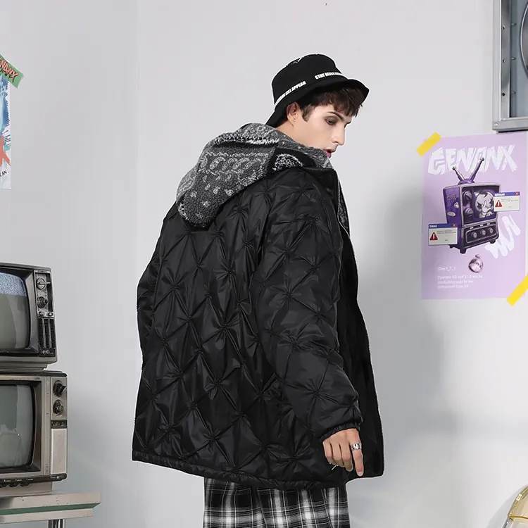 GENANX Solid Color Hooded Loose Fit Puffer Jacket Unisex Black-3