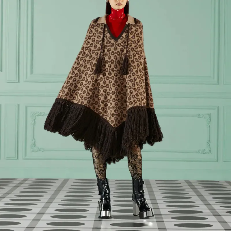 GUCCI Horsebit pattern Fringed Poncho-1