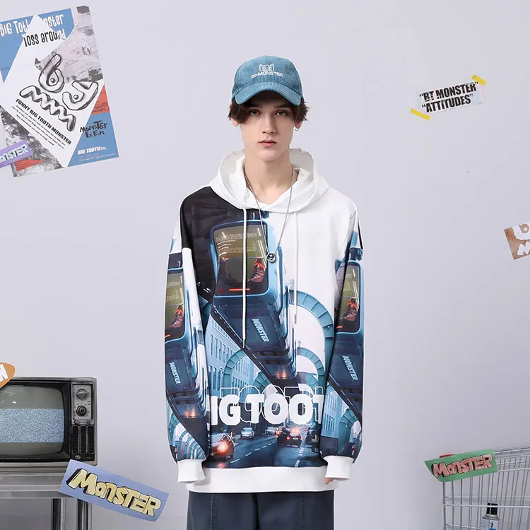 Bt Hooded Loose Fit Sweatshirt Unisex White Blue-7
