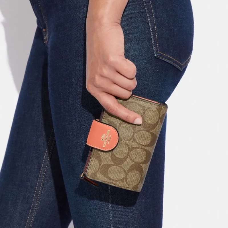 COACH Corner Zip Canvas With Leather Wallet Women's Khaki With Light Coral-4