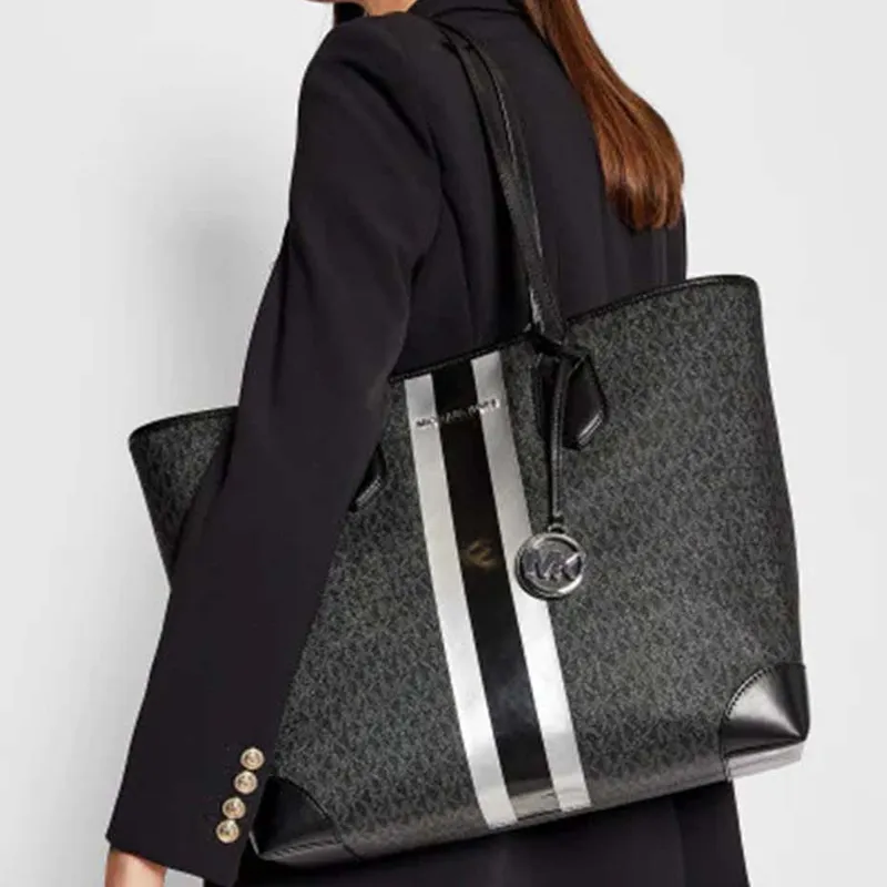 MICHAEL KORS Eva Leather Tote Bag, Shopping Bag, Shoulder Bag, Handbag Large Size Women's Black-4