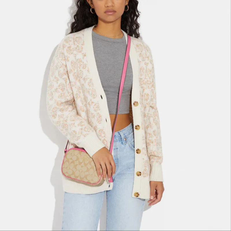 COACH Jamie Canvas With Leather Camera Bag, Shoulder Bag, Crossbody Bag Trumpets Women's Khaki & Pink-4