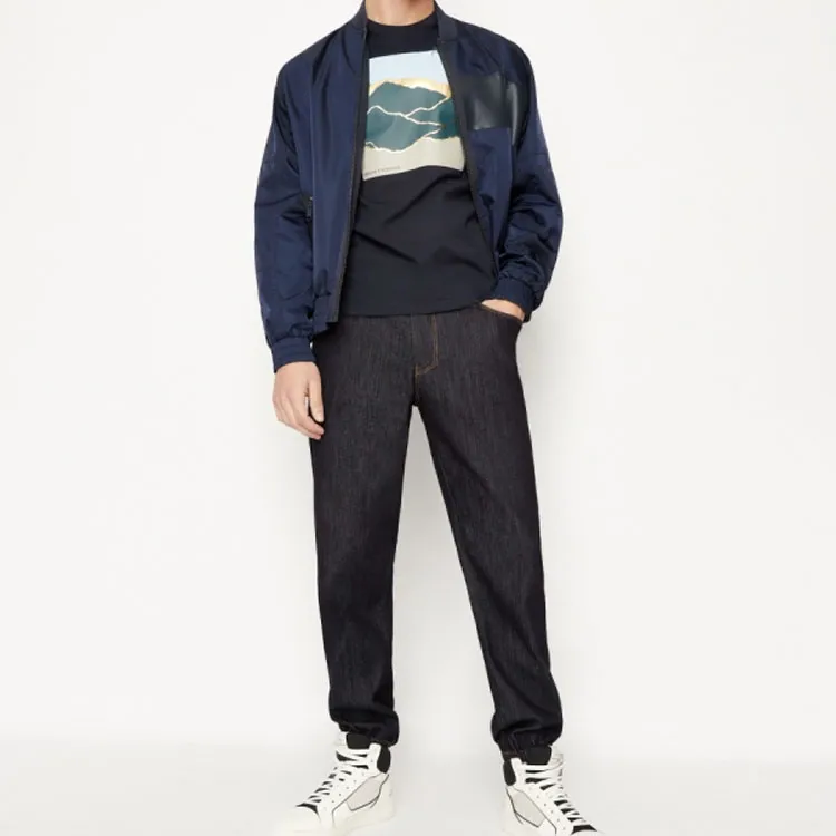 ARMANI EXCHANGE Letter Pattern Print Crew Neck Pullover Short Sleeved T Shirt Men's Marine Blue-5