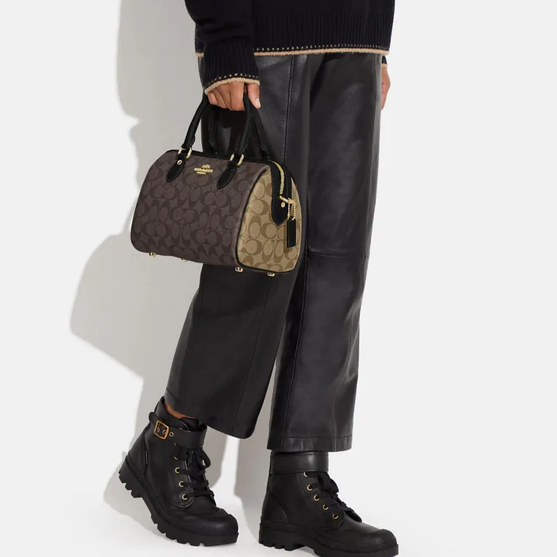 COACH Rowan Canvas With Leather Boston Bag Briefcases Shoulder Bag Crossbody Bag Medium Size Women's Tan-3
