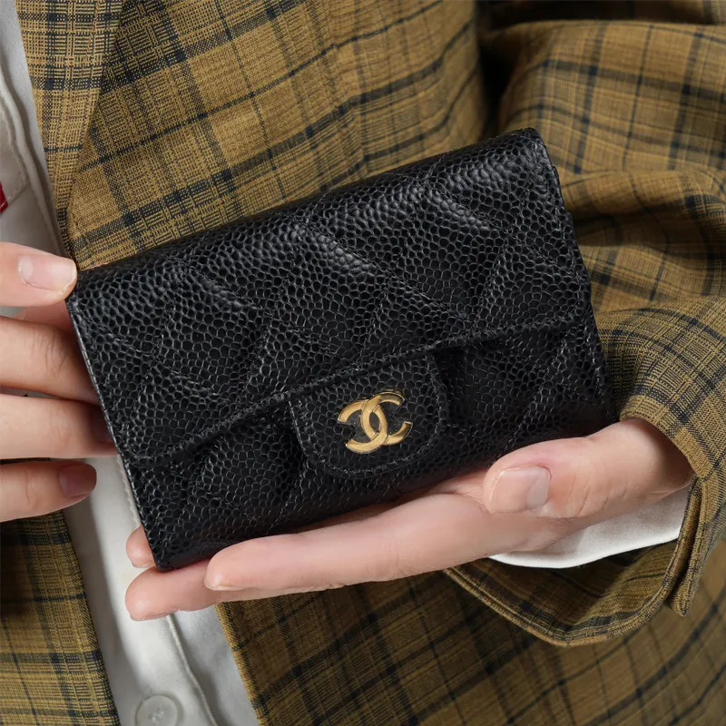 CHANEL Grain Embossed Cow Leather Coin Purse Card Holder, Wallet Women's Black-9