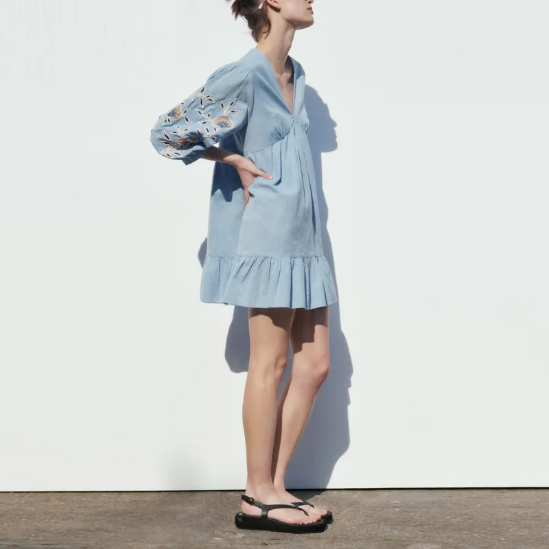 ZARA Long-Sleeved Dresses Women's Sky Blue-4