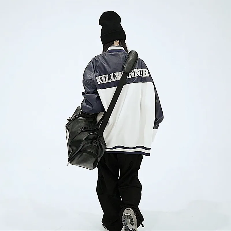 KILLWINNER PVC Leather Bucket Bag Handbag Shoulder Bag Crossbody Bag Travel Bag Medium Size Unisex Black-7