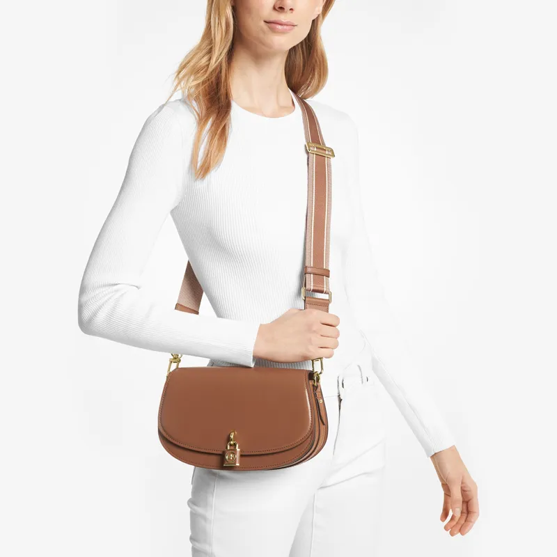 MICHAEL KORS Mila Cow Leather Messenger Saddle Bag, Crossbody Bag, Shoulder Bag Medium Size Women's Brown-5