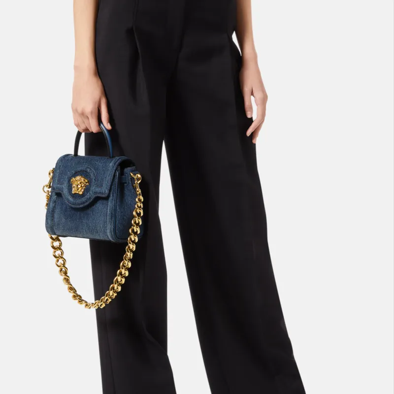 VERSACE La Medusa Cotton With Small Cow Leather Detail Shoulder Bag Crossbody Bag Handbags Small Size Women's Blue-5