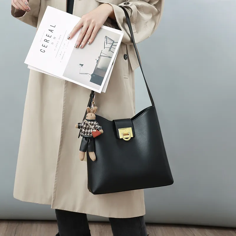 VINEY Cow Leather Bucket Bags Crossbody Bag Shoulder Bag Large Size Women's Caramel-9