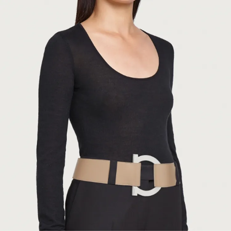 FERRAGAMO Gancini Decorative Single Ring Buckle Leather Belts Women's Coffee Width 5CM-1
