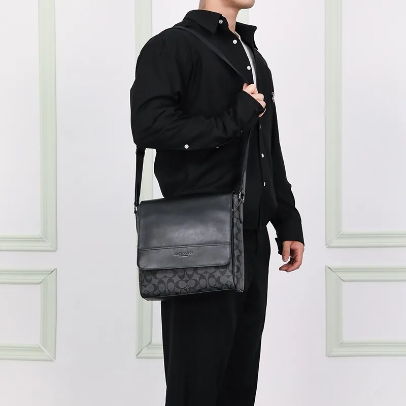 COACH Houston Canvas Cow Leather Patchwork Messenger Bag Crossbody Bag Shoulder Bag Men's Black-5