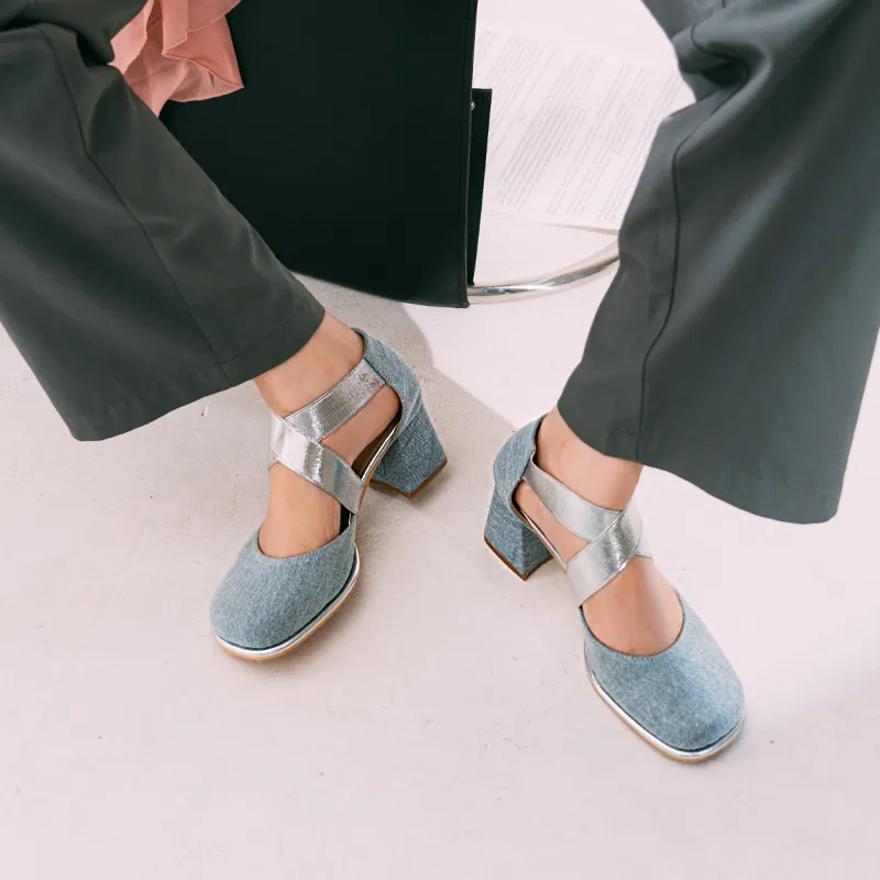 Wonderful Couple Chunky Heel High Heels 6cm Women's Denim Blue-3