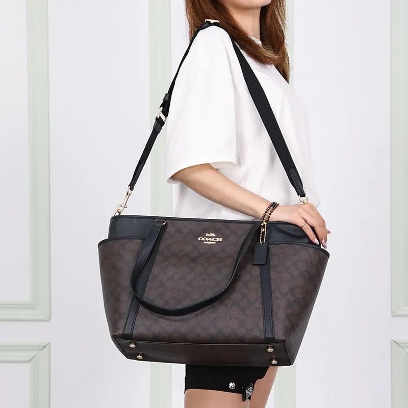 COACH Baby Canvas With Leather Tote Bag, Shopping Bag, Crossbody Bag, Shoulder Bag Women's Dark Brown-7
