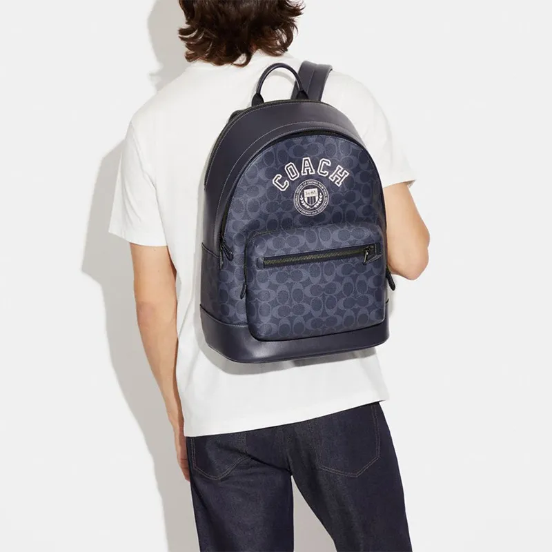 COACH West Artificial Leather Backpack Large Size Men's Denim Blue & Chalk White-3