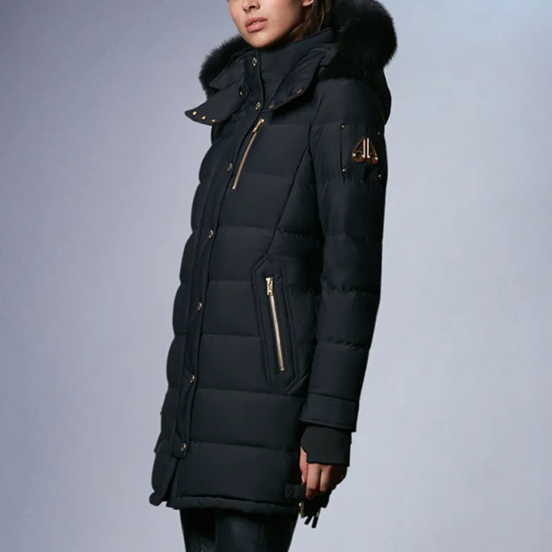 Moose Knuckles Solid Color Hooded Mid Length Down Jacket Women's Black-3