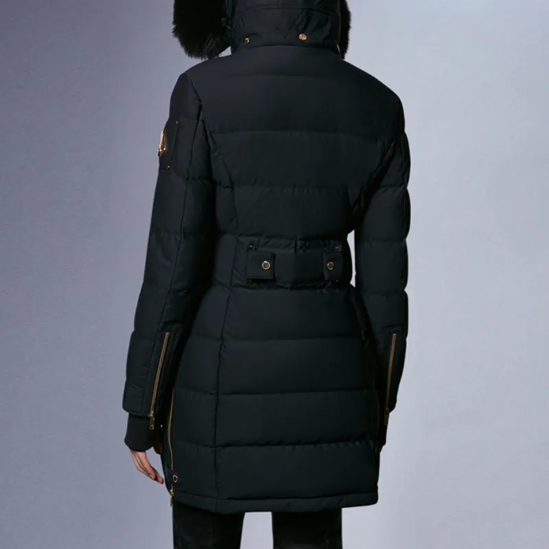 Moose Knuckles Solid Color Hooded Mid Length Down Jacket Women's Black-4