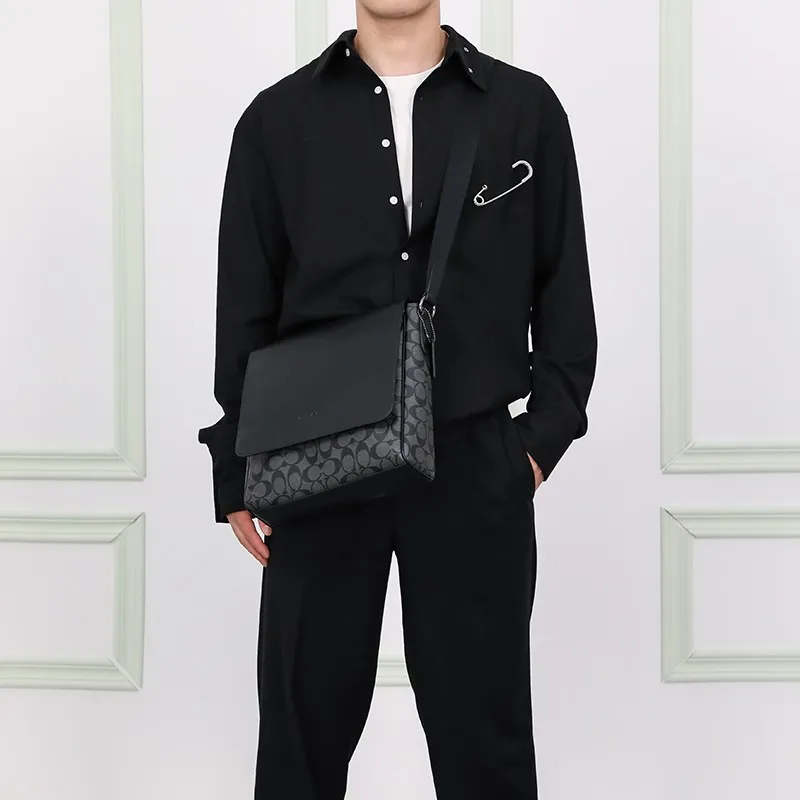COACH Houston Canvas Cow Leather Patchwork Messenger Bag Crossbody Bag Shoulder Bag Men's Black-4
