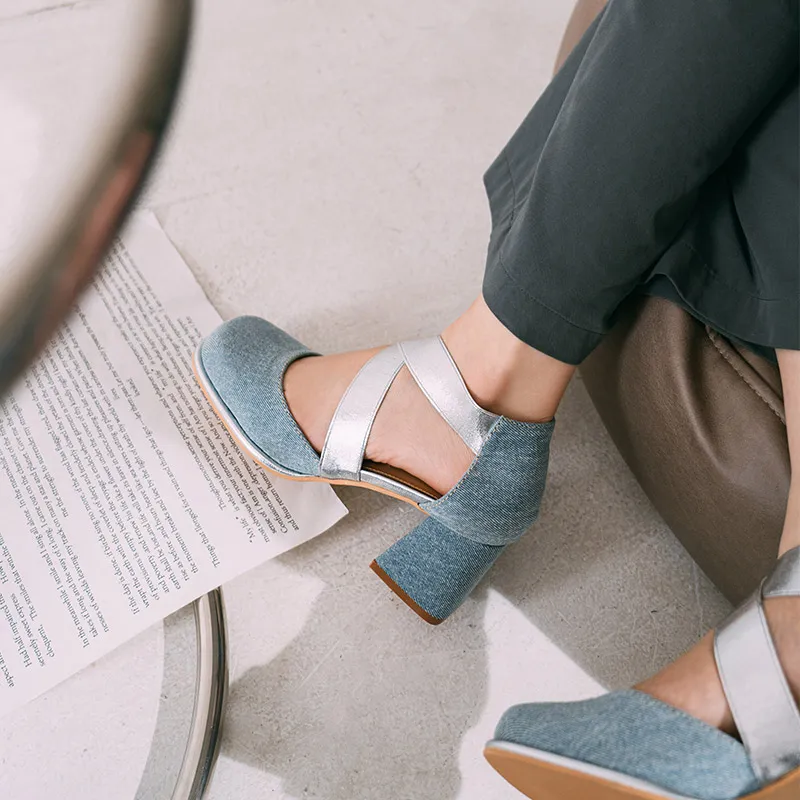 Wonderful Couple Chunky Heel High Heels 6cm Women's Denim Blue-2