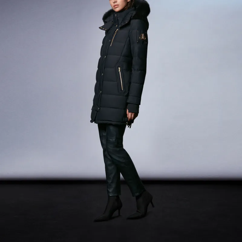 Moose Knuckles Solid Color Hooded Mid Length Down Jacket Women's Black-2