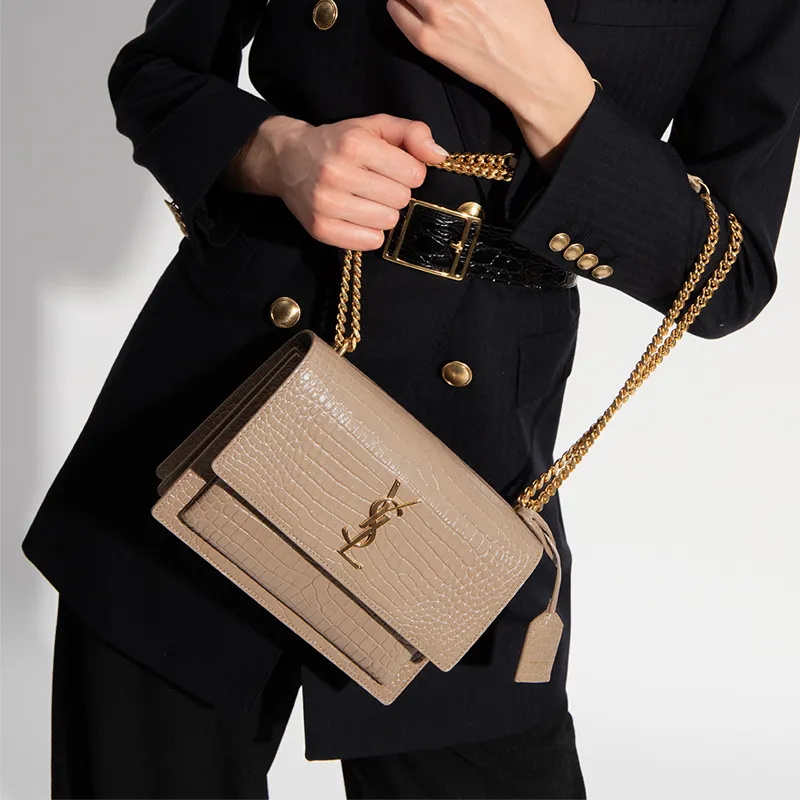 SAINT LAURENT Crocodile Embossed Shiny Leather Sunset Bag Shoulder Bag Crossbody Bag Women's Dark Beige-7