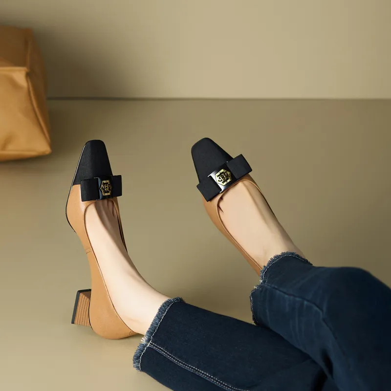 MARINO FABIANI Chunky Heel High Heels 4cm Women's Apricot Black-1