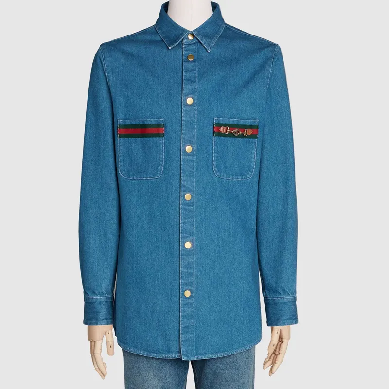 GUCCI Web detail Long sleeve Denim Shirt-2