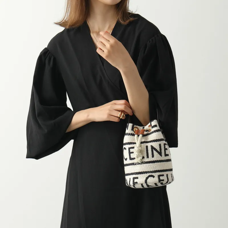 CELINE Calfskin Bucket Bags One Shoulder Handbags Regular Women's White Black-7