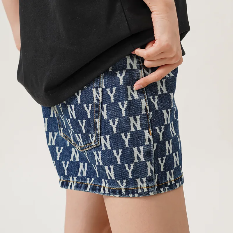 MLB Base Logo Denim Shorts Women's Dark Blue-3