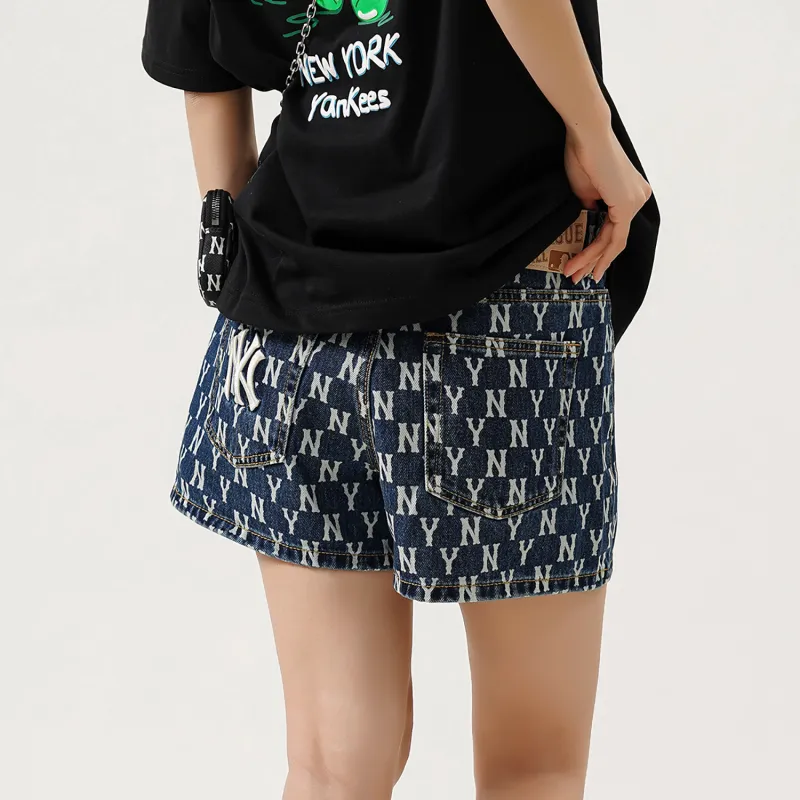MLB Base Logo Denim Shorts Women's Dark Blue-5