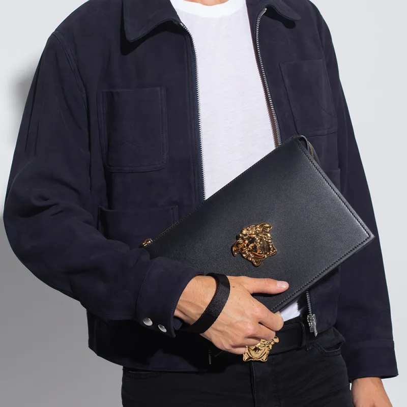 VERSACE Leather Commute Coin Purse, Clutch Regular Men's Black-3