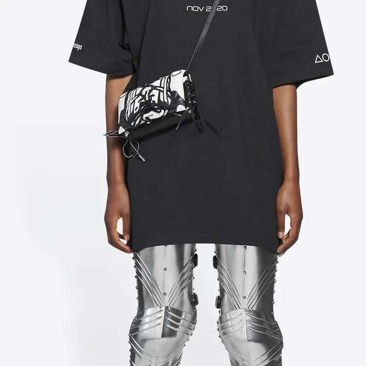 Balenciaga Fabric With Leather Lace Up One Shoulder Crossbody Cell Phone Pouch Small Size Women's White & Black-5