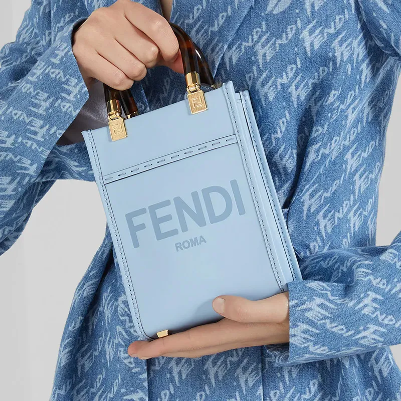 FENDI Sunshine Cow Leather Tote Bag, Shopping Bag, Shoulder Bag, Crossbody Bag, Handbag Mini Women's Light Blue-4