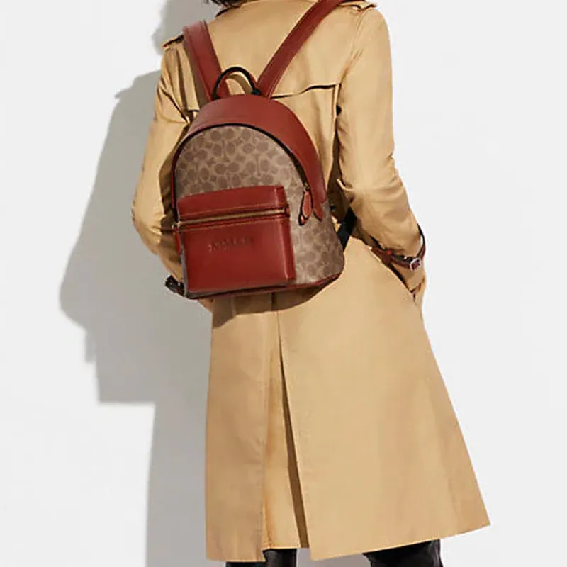 COACH Charter Canvas With Leather Backpack Medium Size Women's Red Brown & Khaki-3