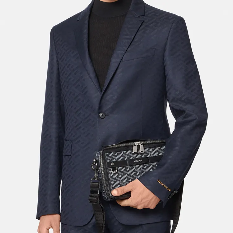 VERSACE Coated Canvas With Leather Messenger Bag Shoulder Bag Crossbody Bag Regular Unisex Black Gray Color-3