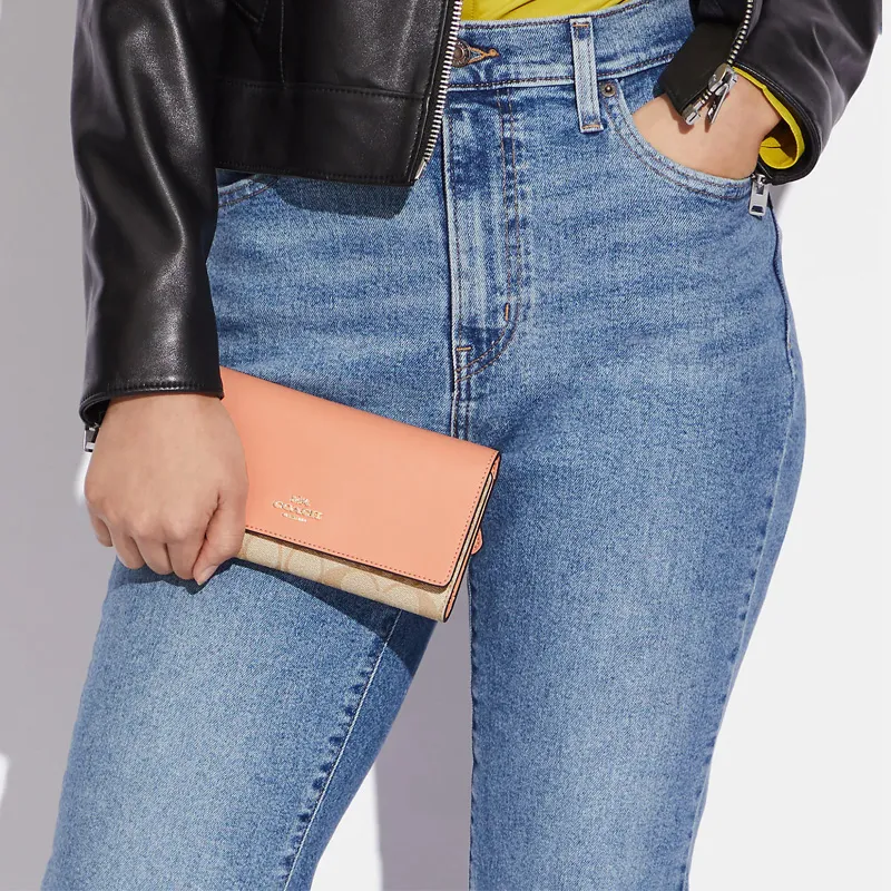 COACH Trifold Wallet Coated Canvas With Leather Card Holder, Wallet Women's Pink-2
