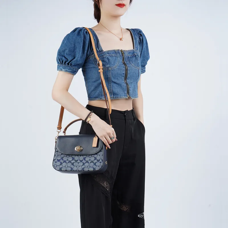 COACH Marlie Leather Satchel Bag, Small Square Bag, Handbag, Shoulder Bag, Crossbody Bag Medium Size Women's Denim Blue-5