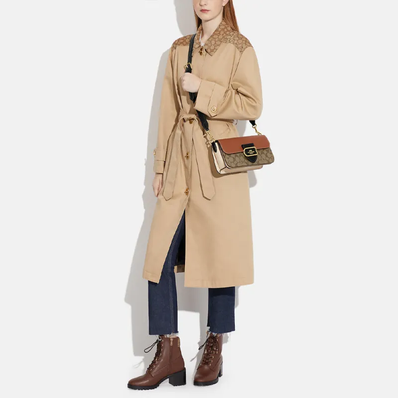 COACH With Cow Leather Portable Crossbody Bag, Shoulder Bag Large Size Women's Khaki & Brown-4