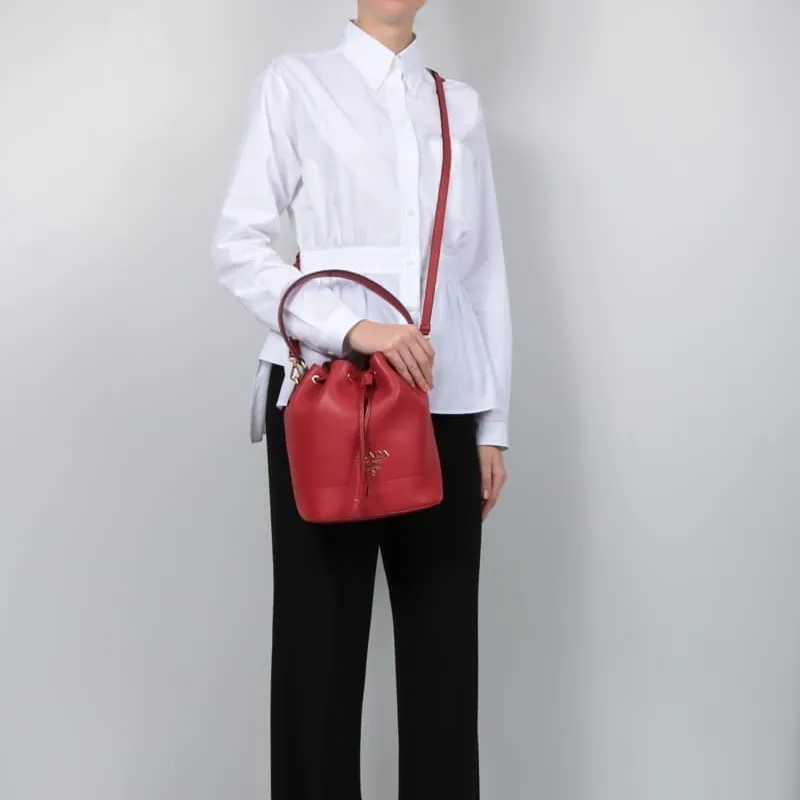 PRADA Leather Bucket Bag Crossbody Bag Regular Unisex Red-4