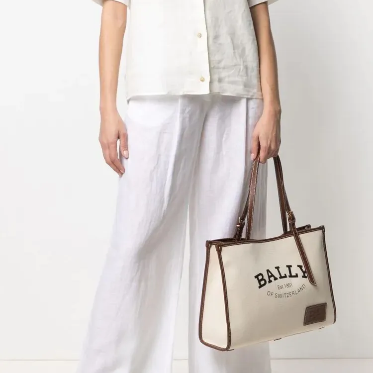 BALLY Canvas Tote Bag, Shopping Bag, Canvas Bag, Shoulder Bag, Handbag Women's Beige-5