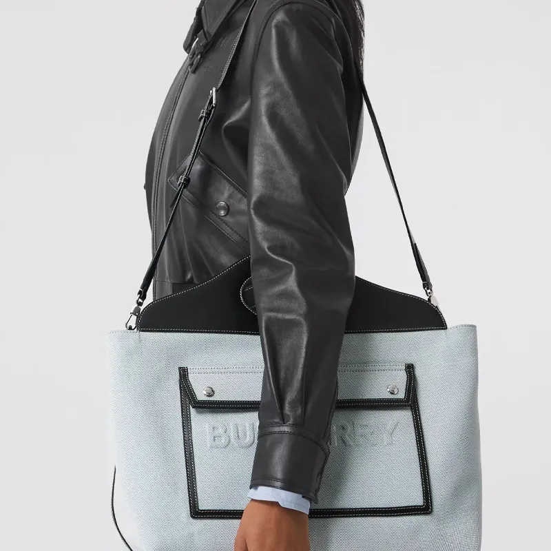 Burberry Pocket Bag Cotton Canvas With Leather Tote Bag Shopping Bag Handbag Medium Size Women's Bright Cobalt/Black-6